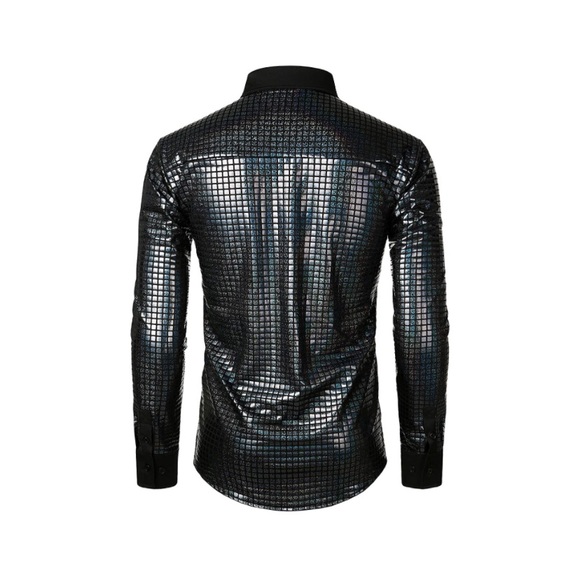 Black Shiny Sequins Long Sleeve Button Down Shirt - Picture 3 of 7